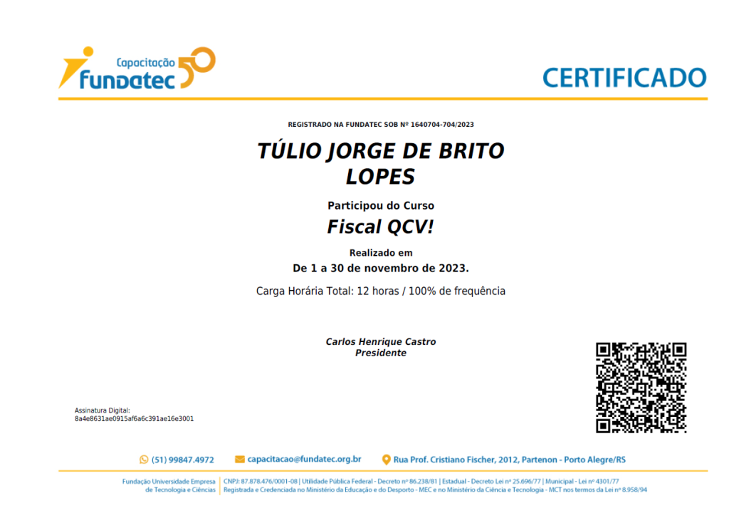Certificado Fundatec - Fiscal QCV - 2023