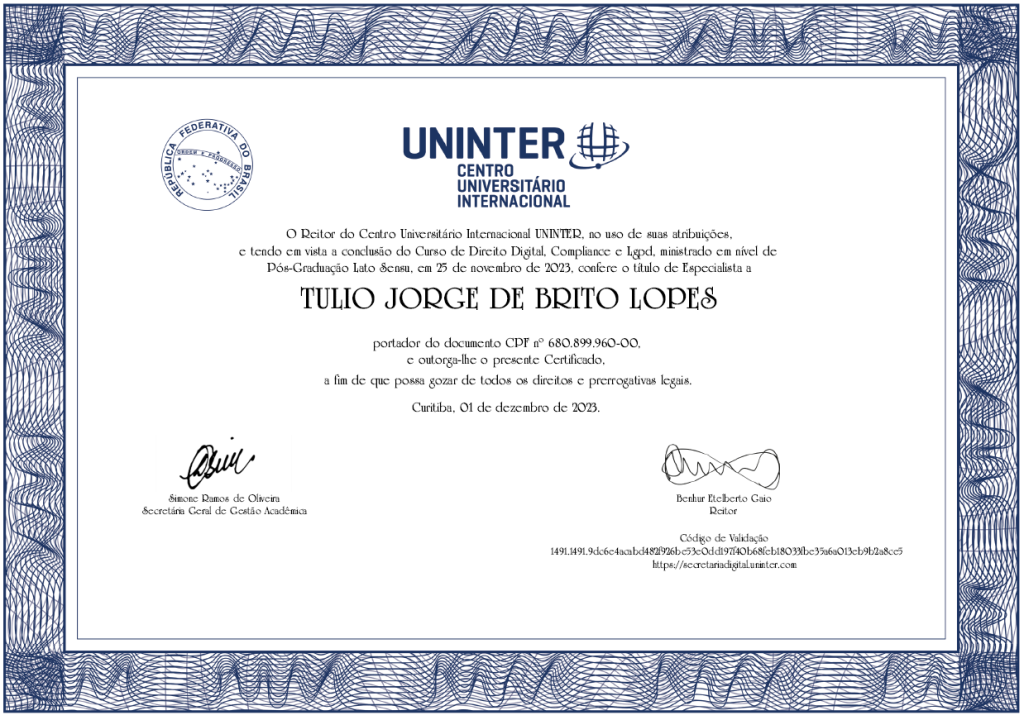 Certificado Pós Graduação Lato Sensu - Direito Digital, Compliance e LGPD - 2023