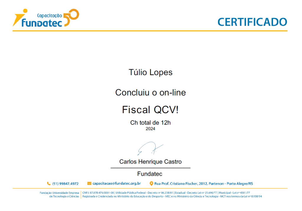 Certificado - Fundatec Fiscal QCV - 2024